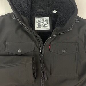 Levis Mens Hooded Softshell Sherpa Lined Jacket Black Large Military Utility